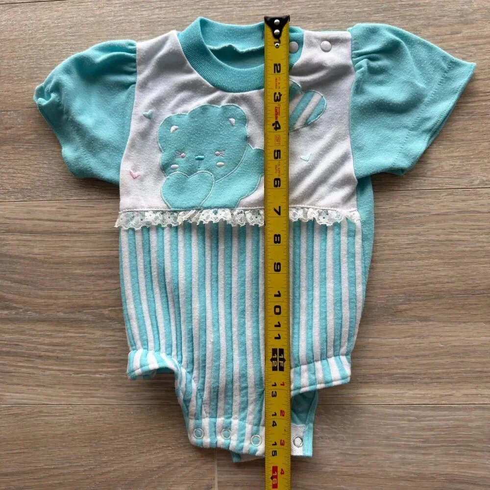 Vintage 80’s Blue & White Baby Romper 3-6 Mos One Piece Teddy Bear Balloon READ